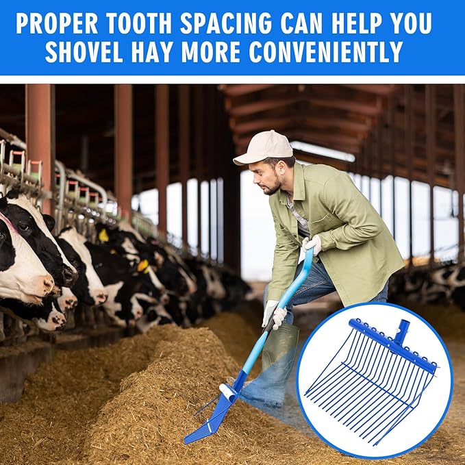 Tandefio 2 Pack Manure Fork Replacement Head Metal Pitchfork Horse Manure Rake Garden Pitch Fork Replacement Head with Angled Tines for Horse Stall Poop Picking up(Blue)