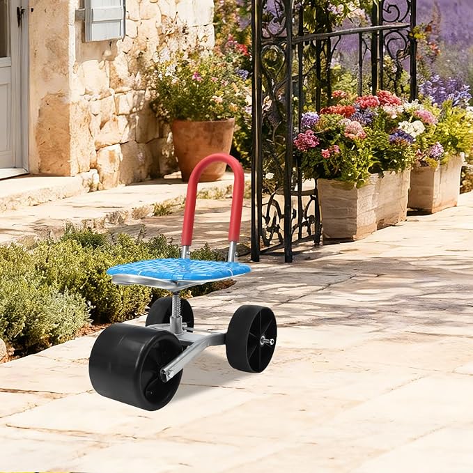 Rolling Garden Work Seat with Wheels, Gardening Helper with 3 Wheels, 360° Rotation Stable Workseat Sturdy Cart with Adjustable Seat Height & Direction for Vegetable Gardens, Orchards, Farms