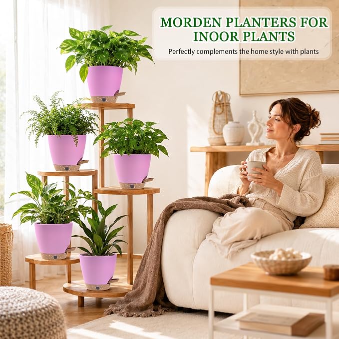 6 Inch Self Watering Pots for Indoor Plants(5-Pack) – Small Plastic Planters with Water Level Window, Drainage Holes & Trays, Indoor Outdoor Flower Pots for Herbs, Snake,Pothos (Dusty Rose/Pink)