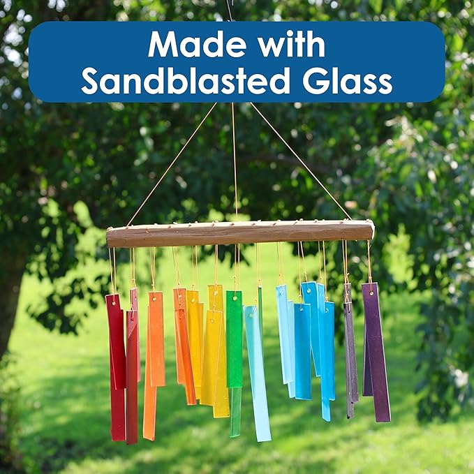 Blue Handworks Color Spectrum Glass and Driftwood Chime - Sandblasted Glass and Found Wood Hand Crafted Wind Chime