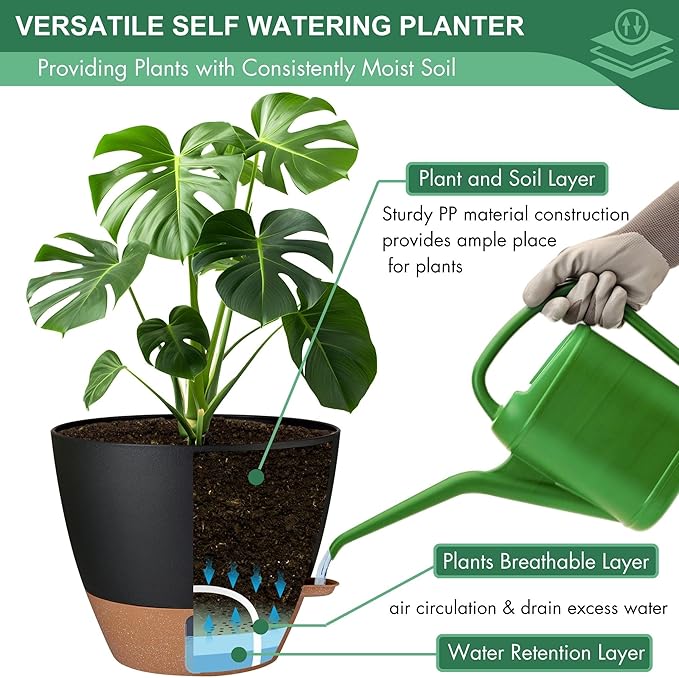 montresor 5-Pack Easy Plant Self Watering Pots for Indoor Plants, 10/9/8/7/6.5Inch PP Plastic Wicking Pots with Water Level Indicator & Plant Pots with Reservoir, Self Watering Planters, Black