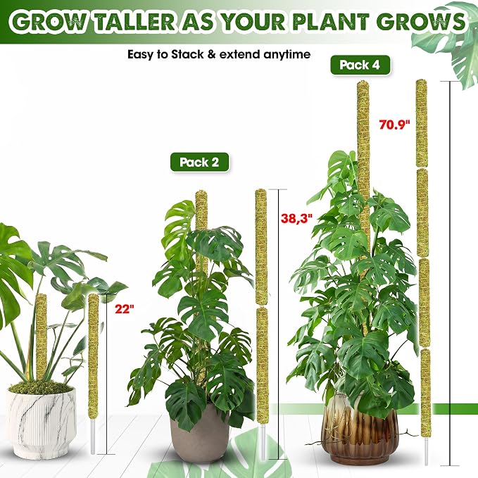 DUSPRO Natural Stackable Moss Pole for Plants Monstera Potted Plant Stakes for Indoor Plants Extendable Plant Pole Moss Sticks for Plants Climbing Vine Supporting Monstera Trellis 4Pcs 22''