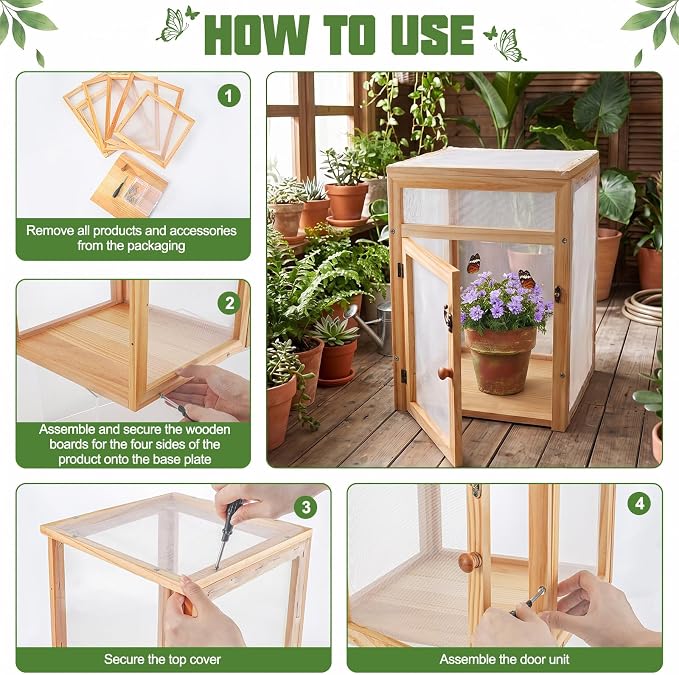 Bucherry Wooden Butterfly Habitat Cage Kit Monarch Caterpillar Enclosure with Mesh Tent & Wood Frame, Detachable Insect Observation House for Kids Outdoor Garden(15.7")