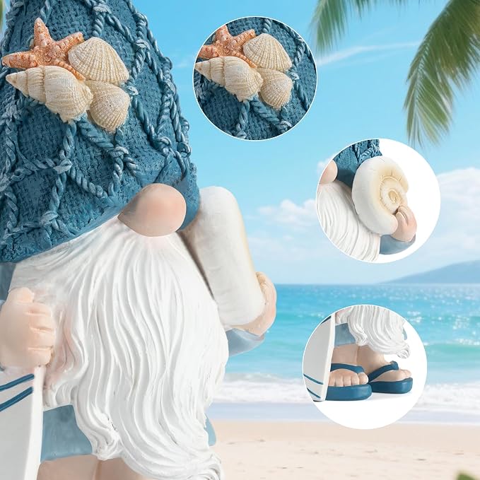 Etlemonde Beach Gnomes Statues, Ocean Gnomes, Nautical Themes Decoration, Resin Gnome Holding a Surfboard, 8.6 Inches