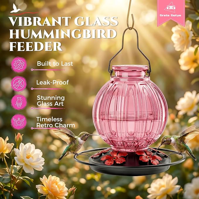 2 Pack Glass Hummingbird Feeder for Outdoors Hanging, Bird Nectar Feeder with Perch & 5 Flower Feeding Ports, 26 Oz Leak Proof for Outside Garden Decor Backyard, Gifts for Women Mom, Red + Pink