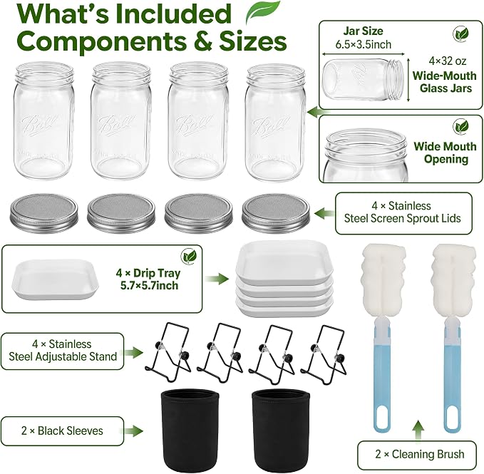 4 Pack Sprouting Jar Kit with Wide Mouth Mason Jars, Sprouting Lids, Stands, Drip Trays and Brushes, Seed Sprouter Set for Growing Broccoli, Mung Bean and Fresh Sprouts for Indoor Kitchen Use