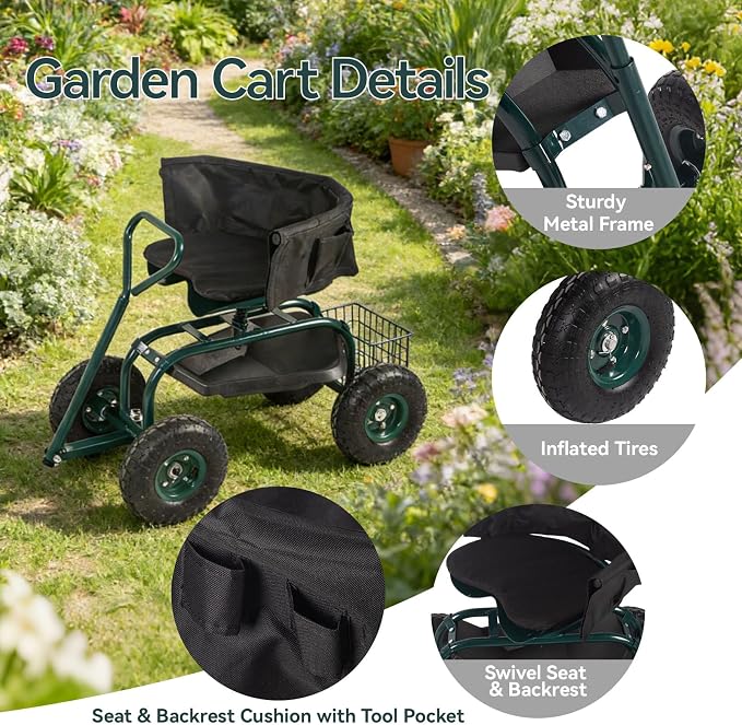 Rolling Garden Cart - Outdoor Workseat with Seat Cushions and Wheels, Heavy Duty Garden Tool Cart with Storage Bracket and Tool Tray for Yard, Planting Gardening Work (Green)