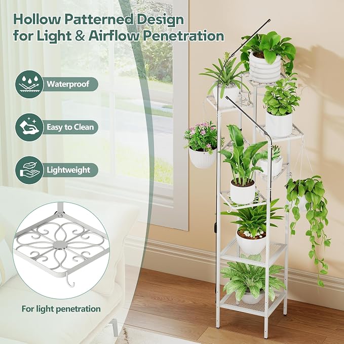 Quikraen 8 tiers Metal Plant Stand with Grow Lights, Tall Lighted Corner Plant Shelf for Indoor Plant Growing,Flower Pot Holder, Plant Rack for Home Decor, Patio (White)
