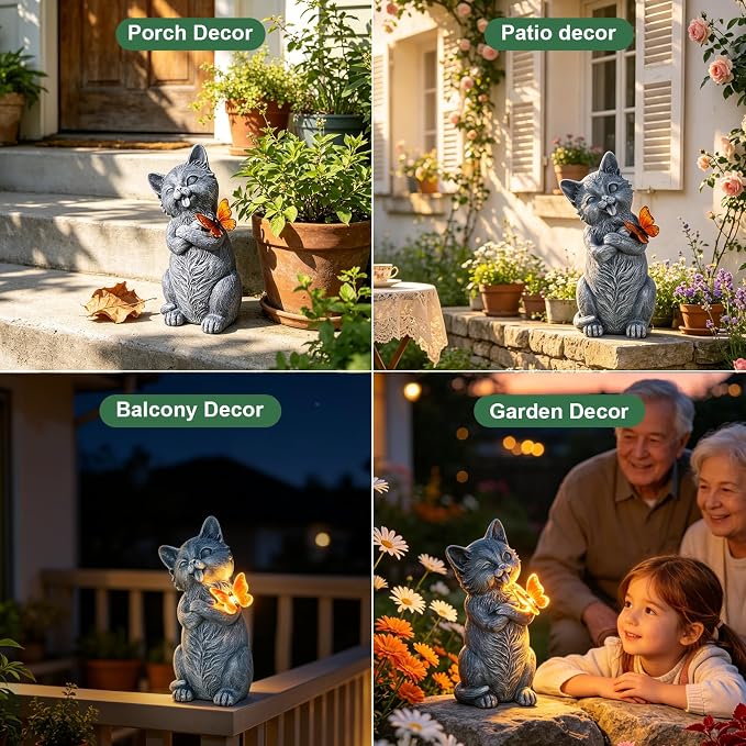Solar Cat Garden Statue Outdoor Decor 10 Inch with LED Butterfly Light, Resin Cat Decor for Yard Patio Porch Lawn Balcony, Solar Garden Decor, Gifts for Mom Grandma Women