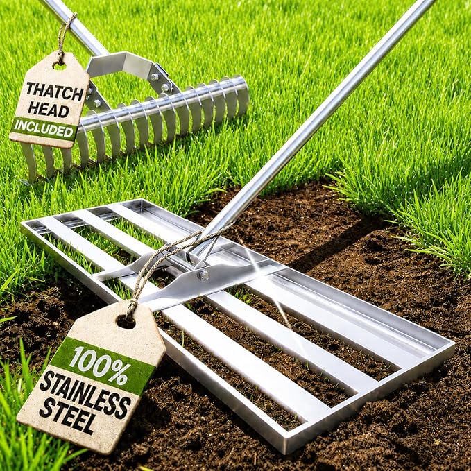 Oris Garden® Lawn Leveling Rake 30 inch - Ground Leveler for Yard, Sand, Soil, Grass - Dirt Leveling Tool, Heavy Duty Stainless Steel rakes for Golf, Grading, Gravel (30" Leveling + Thatch Rake)