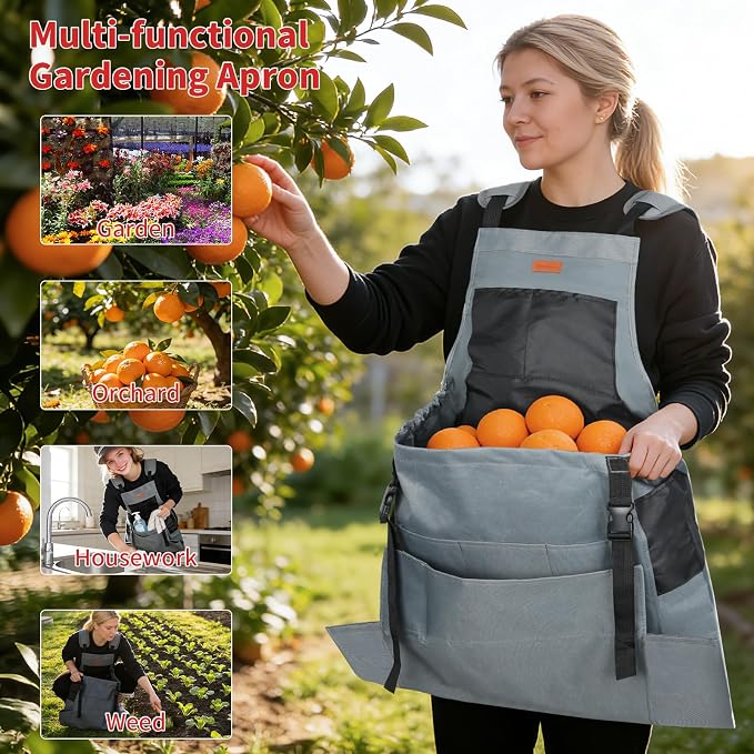 Gardening Apron with Pockets for Women&Men, Harvest Aprons w/Quick Release Pocket, One Size Fits Most, Gardening Gift