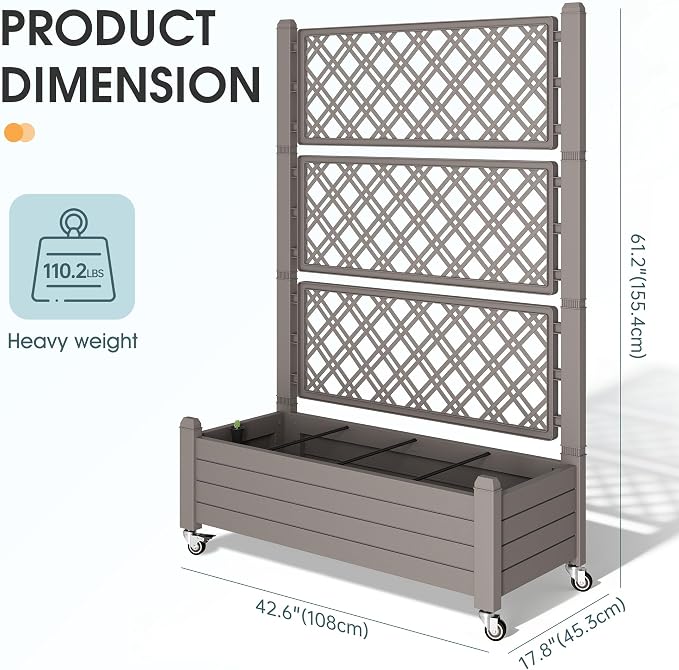 Resin Raised Garden Bed with Trellis and Wheels - Plasitc Planter Box with Trellis Outdoor with Drainage Holes & Water Monitor for Climbing Plants, Flower, Light Brown(61.2" H)