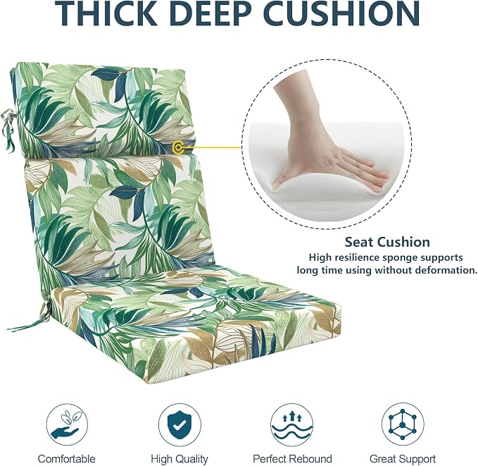 DYTXIII Outdoor High Back Chair Cushions Set of 2, 44"x22" Water Repellent Patio Seat Cushions with Elastic Sponge, All Weather Chair Pads for Rocking, Dining Chairs, Patio Furniture - Lush Leaf Green
