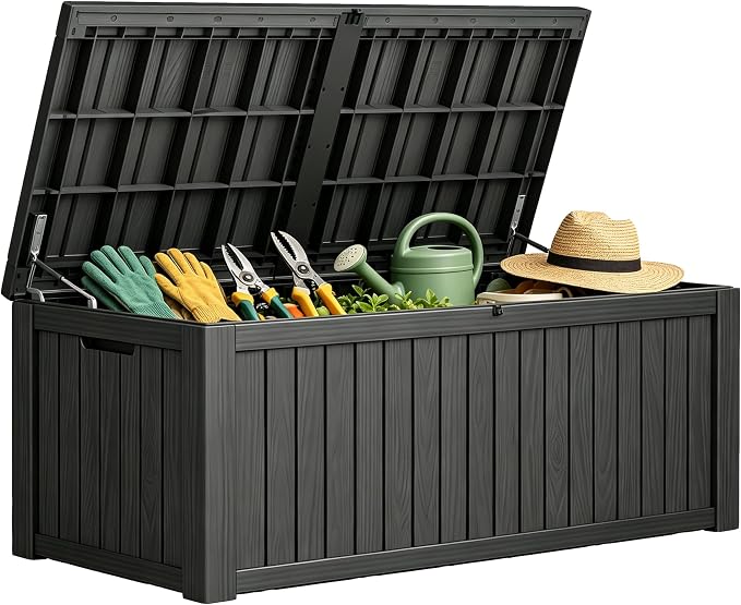 Fancyango 220 Gallon Outdoor Deck Box Waterproof, Large Storage Box for Patio, Resin Storage Bench Lockable for Garden Tools, Package Delivery, Black