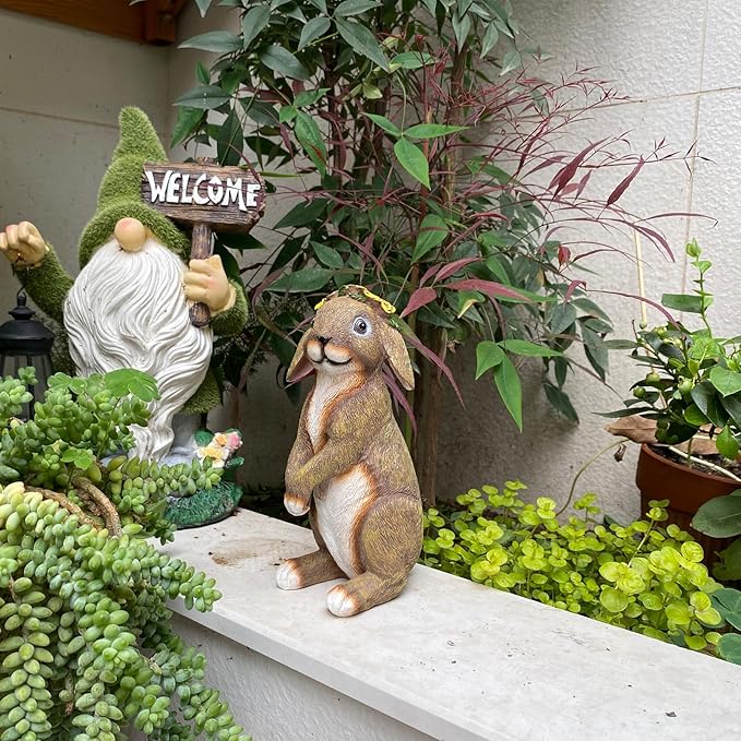 Bunny Outdoor Statues, Rabbit Garden Statues for Lawn Yard Decorations Outdoor Adorable Bunny Wearing Flower Crown, Outdoor Bunny Decor Lucky Rabbit Mom Dad Gifts