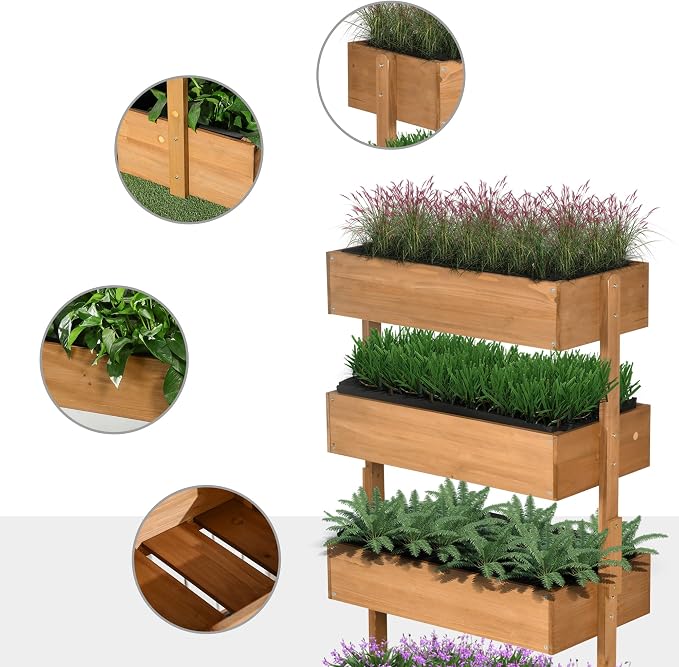 Outsunny Vertical 4 Tier Raised Garden Bed, Wooden Planter Box, Self-Draining with Bed Liner for Indoor Outdoor Flowers, Vegetables and Herbs, Orange