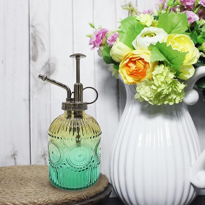 Glass Plant Mister Spray Bottle, 350ML Vintage Plant Spritzer with Top Pump Watering Can for Indoor Outdoor House Plants,Flowers (Gold-Green)