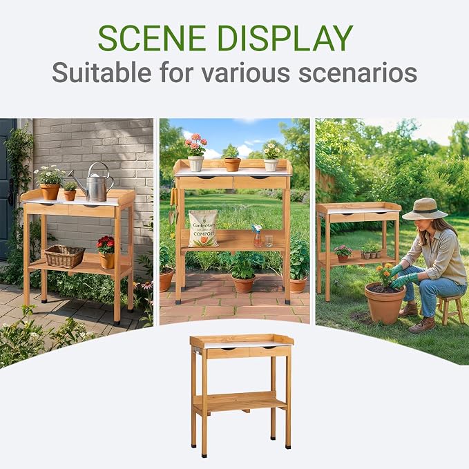 Outdoor Potting Bench Garden Work Station, Solid Wood Planting Table w/Sink Drawer Shelves,Metal Top, Folding Patio Furniture for Porch Balcony (29.8 x 14.6 x 36.4(Fir Wood Color))