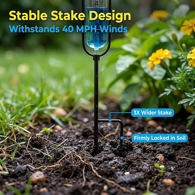 Rain Gauge Outdoor Plastic Garden: High-Contrast Blue Scale Read 20Ft, Shatterproof -30°F, Stable Stake Won't Tip, Easy Install for Lawn Yard Patio