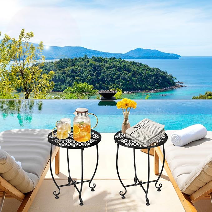 2 Pack 14 Inch Outdoor Side Tables for Patio, Weather Resistant Round Coffee Table,Plant Stand,Small Round Outdoor End Table for Patio,Yard Porch Balcony Garden