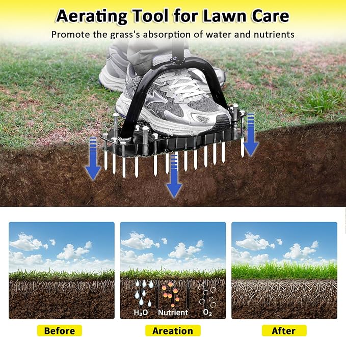 Manual Lawn Aerator Tool, Automatic Dirt Clean Lawn Aerator with 17 Spikes and Extended T-Handle, Easy-to-Assemble Aerator Lawn Tool with Gloves, Yard and Grass Aerator for Soil Loosening