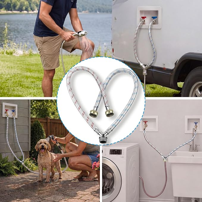Dreyoo Hose Y Connector, 2 Ft Washing Machine Y Hose Split Stainless Steel, 3/4 Inch Brass Fittings, Hot and Cold Color Coded for Washing Machine Outdoor Faucets(1 Pcs)