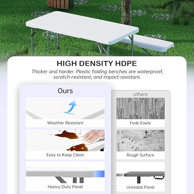 Folding Table 4 Foot for Indoor Outdoor, Portable Heavy Duty Fold-in-Half Utility Small Plastic Adjustable Height Folding with Carrying Handle for Picnic and Party, White (White, 4 FT - 2 PACK)