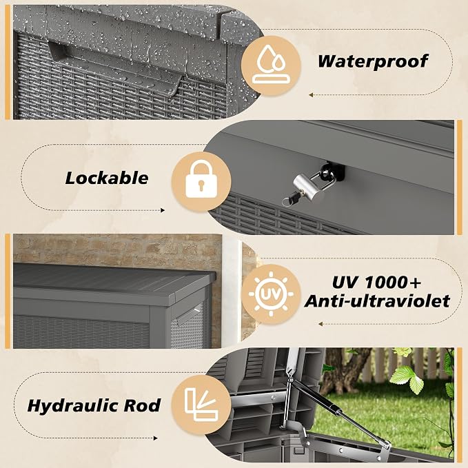Fancyango 280 Gallon Outdoor Deck Box Waterproof, Large Storage Box for Patio, Resin Storage Bench Lockable for Garden Tools, Package Delivery, Grey