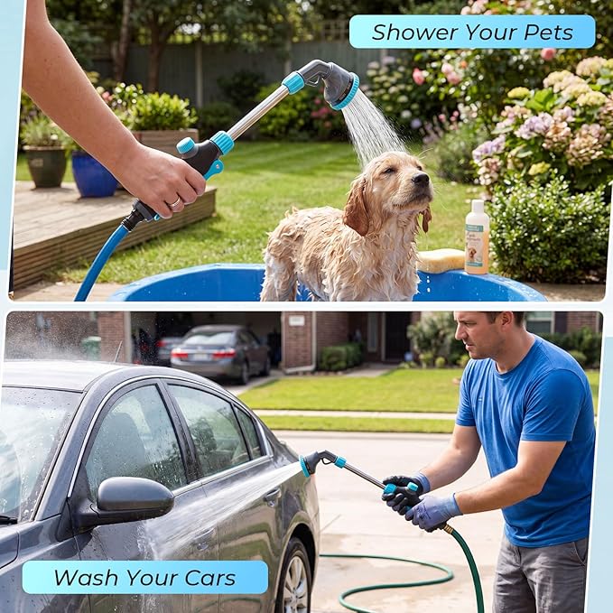 Hushee 2 Pack Garden Hose Watering Wand, 17.7 Inch Metal Watering Wand with 10 Spray Patterns and Shut Off Valve, Hose Sprayer Nozzle for Hanging Baskets Shrubs Plants Garden Lawn(Blue)