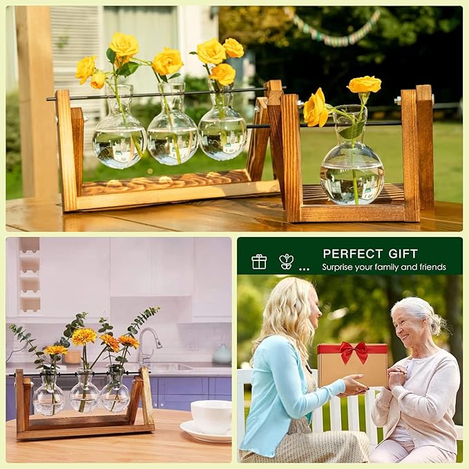 Kingbuy Plant Propagation Station, 3 Glass Bulb Vases with Wooden Stand | Boho Desktop Terrarium, Hydroponics, Home Office Window Sill Decor, Gift for Women Plant Lovers