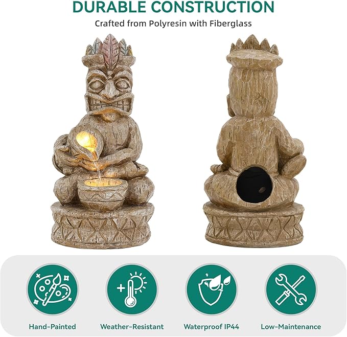 23" Tiki Outdoor Water Fountain, 2-Tier Water Feature with LED Lights, Soothing Cascading Waterfall for Tranquile, Relaxing, Meditative Patio, Backyard, Garden or Porch