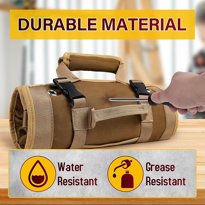 Tool Bag, Tool Bags for Men, Heavy Duty Tool Organizer, Portable Roll Up Tool Bag Gifts For Him, Mechanic, Electrician and Hobbyist, Car Tool Roll Organizer - Khaki