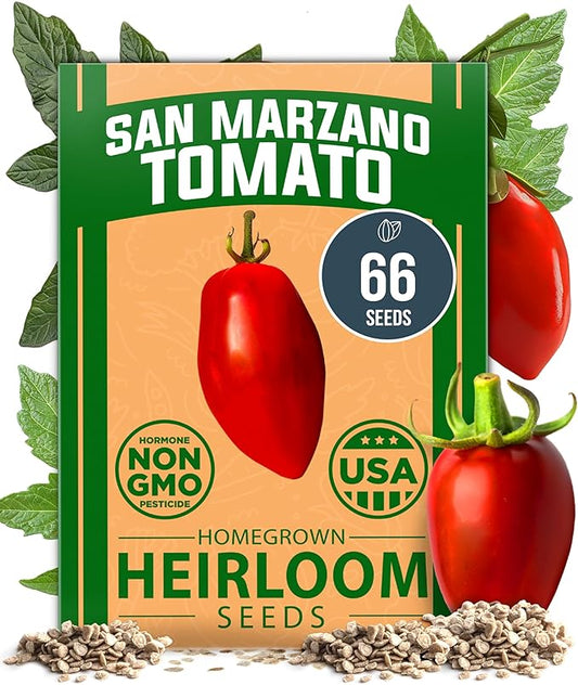 HOME GROWN San Marzano Tomato Seeds 66+ Heirloom Non-GMO Seeds for Planting, High Germination, Indeterminate, Classic Meaty Italian Paste Tomato, Best for Sauce & Canning (Solanum lycopersicum)