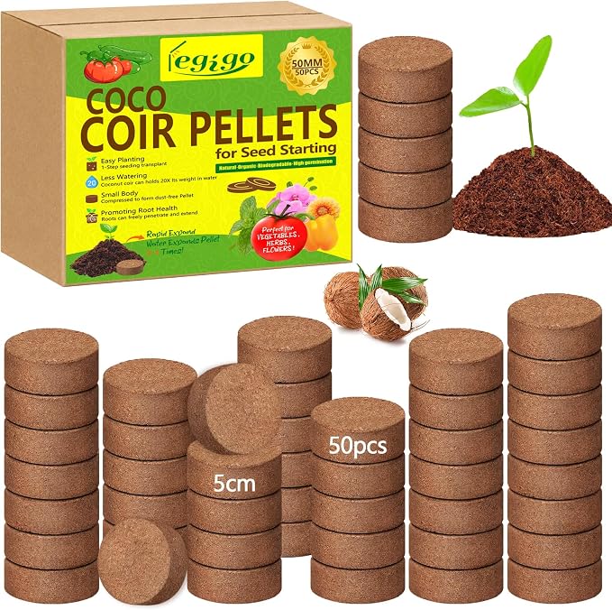 Legigo 50 Pcs 50mm Coco Coir Pellets Seed Starter Soil Mix- Organic Coconut Coir Potting Soil Pods for Seedling, Coco Peat Soil Discs for Indoor & Outdoor Plants Bonsai Herbs Vegetables and Flowers