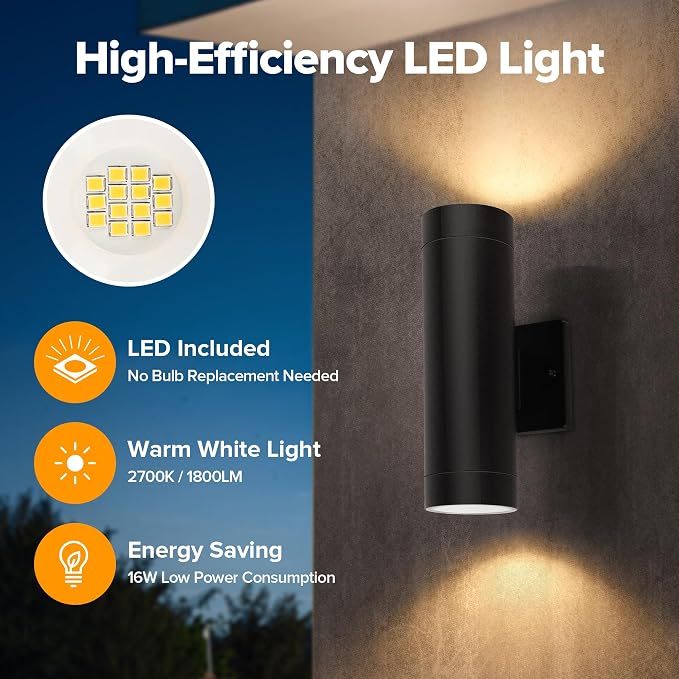 LUTEC Outdoor Wall Light Fixtures, Integrated LED Cylinder Up-Down Sconce, 16W 3000K Waterproof Aluminum Exterior Lighting, Modern Matte Black Wall Sconce Outdoor Lighting for Porch, Entryway, 4 Pack