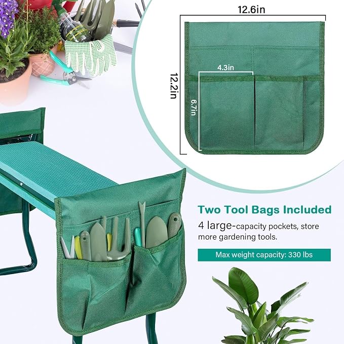 YSSOA New Garden Kneeler and Seat, Foldable Kneeling Bench, Hold Up to 330lb, with Sturdy Soft EVA Foam Pad and 2 Tool Pouch for Gardening, Fishing, Camping, Green