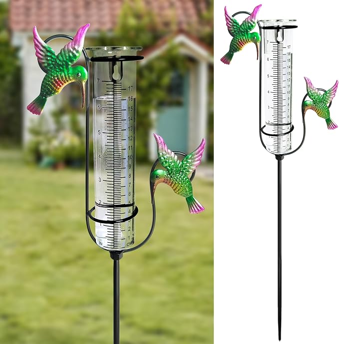Rain Gauge Outdoor with Thermometer, 7" Freeze Proof Rain Gauges Outdoors Best Rated, Accurate & Easy to Read, Decorative Rain Measure Gauge for Yard Garden Patio (Hummingbird)