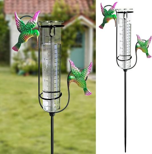 Rain Gauge Outdoor with Thermometer, 7" Freeze Proof Rain Gauges Outdoors Best Rated, Accurate & Easy to Read, Decorative Rain Measure Gauge for Yard Garden Patio (Hummingbird)