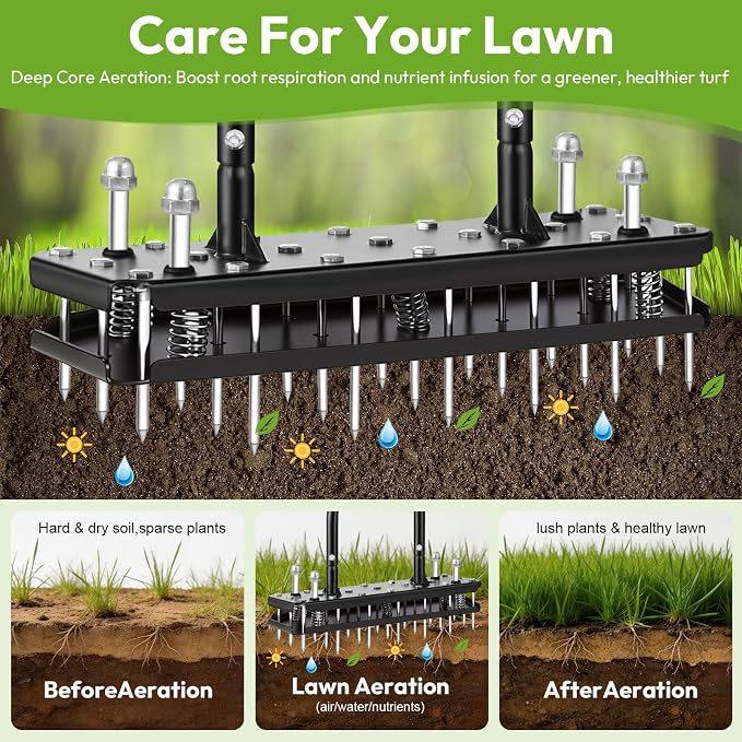 Manual Lawn Aerator Tool, Heavy Duty All Metal with 21 Steel Tines, Spring-Loaded Self-Cleaning for Soil Aeration, Adjustable Height Tool for Garden, Lawn, Yard