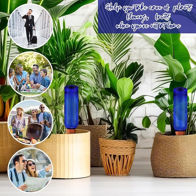 Teenyyou 12 Pcs Watering Spikes for Indoor Plants Include 6 Terracotta Self Watering Spikes Devices and 6 Pcs 26 oz Plastic Bottles Slow Release Vacation Insert Automatic(Blue)