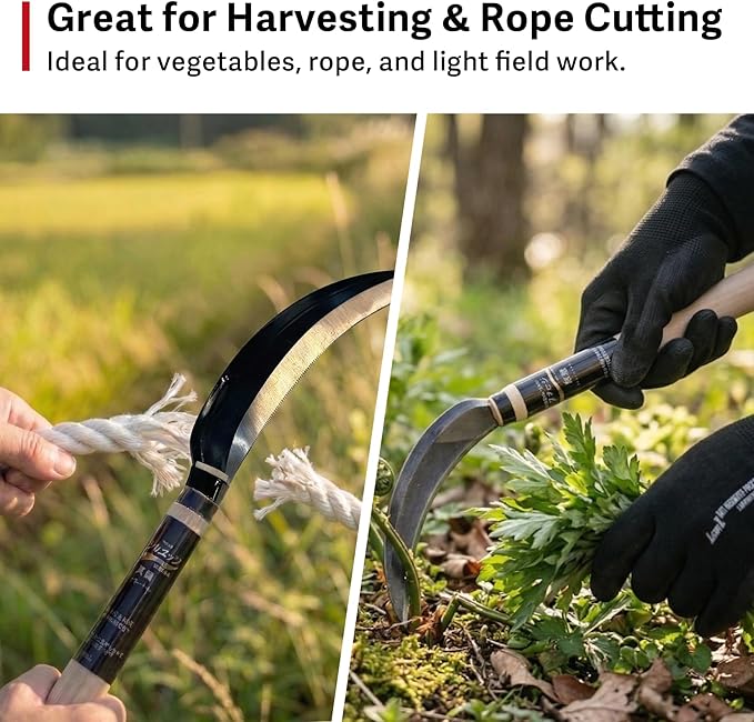 Japanese Harvest Sickle, Saw Sickle Hand Tool for Vegetable Harvesting, Rope Cutting and Field Work, Made in Japan by HOUNEN