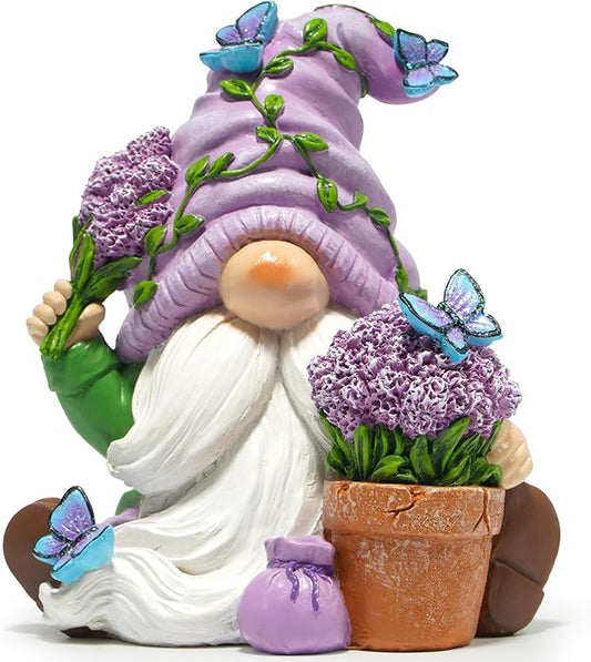 Hodao Spring Gnome Garden Decor with Butterflies and Lavender Flowers, Hand Painted Resin Gnome Figurine for Home Shelf Table Patio Decoration, Gift for Women Mom Garden Lovers