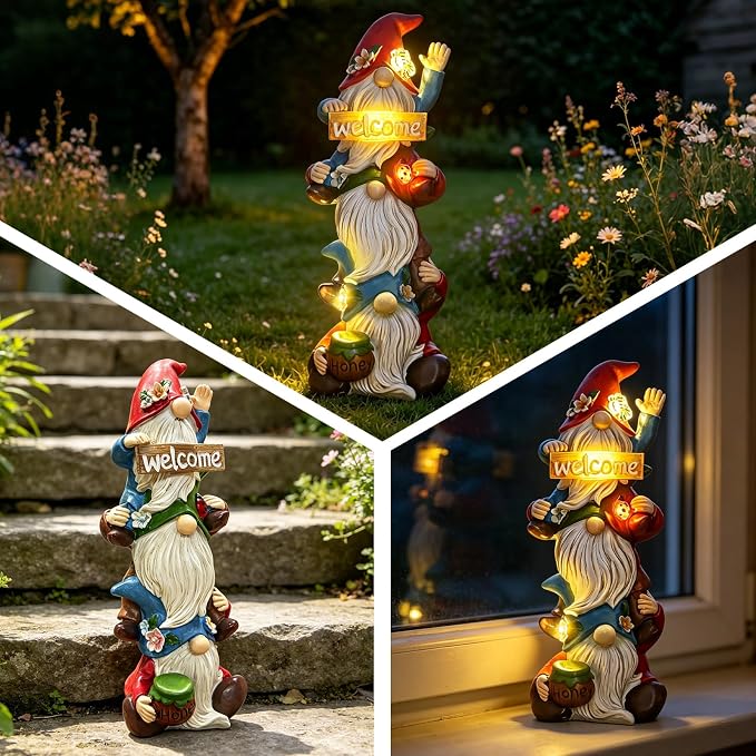 Garden Gnome Statue Solar Lights, Funny Faceless Triple Gnomes Sculptures Spring Decorations Outdoor Porch Patio Lawn Yard Art Balcony Home Decor Figurine, Birthday Gifts for Woman Mom Grandma