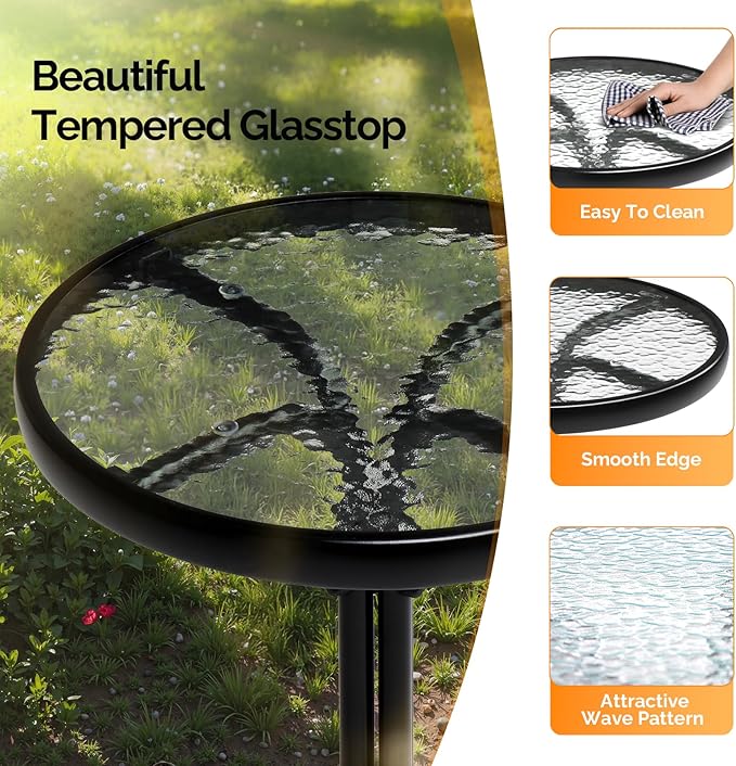 VINGLI Outdoor Side Table, 18" Patio Table Steel Frame Tempered Glass Top, Weatherproof Small Tables for Balcony Garden Poolside (Black, Round)