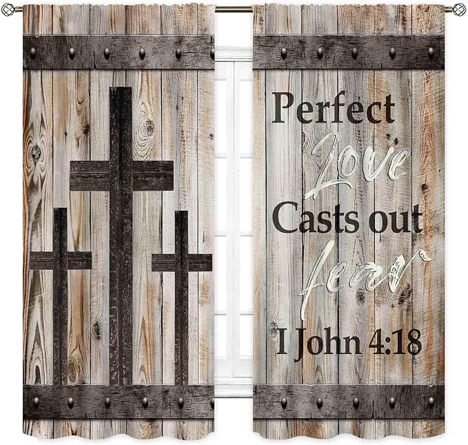Farmhouse Wooden Curtains, Rustic Brown Wood Board Bible Verse Cross Country Cottage Western Barnwood Garage Old Plank Drapes Window Curtains for Living Room Bedroom Kitchen 2 Panels, 42"x63" Inch