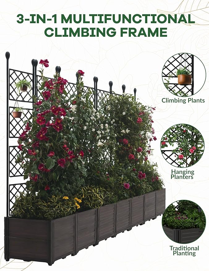 Patikuin 7-Section Sturdy Weather-Resistant Raised Garden Bed with Metal Trellis, Vertical Modular Planter Box & Privacy Screen for Climbing Plants, Vegetables, Flowers