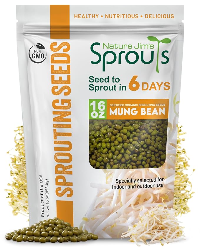 Nature Jims Sprouts Mung Bean Sprouting Seeds – Non-GMO Mung Beans for Growing Nutritious, Fresh Sprouts – Packed with Vitamins, Minerals & Fiber – Premium Resealable Bag for Longer Freshness – 16 Oz