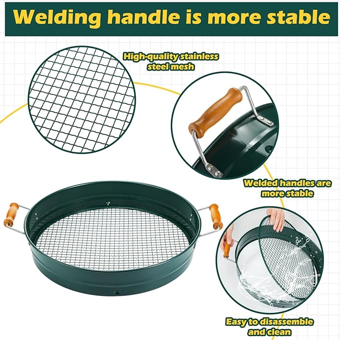 Funnymoom Soil Sifter for Gardening with 1, 3, 6, 9, 12 mm Sieve Mesh Compost Dirt Sifter with Handle Large Garden Sand Soil Rock Sieve 17.7" l x 13.8" W for Sand Rocks Pellet Gravel (Green)
