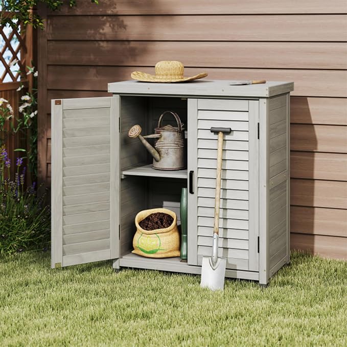 Wooden Outdoor Storage Cabinet, Bar Table Cabinet with Storage, Buffet Sideboard for Patio, Garden, Potting Bench, TV Stand, Balcony, Grey2
