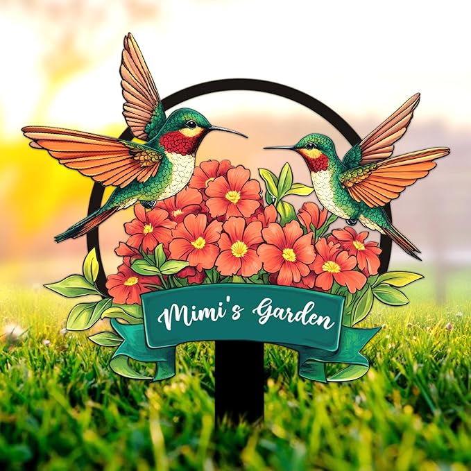 Personalized Metal Yard Sign for Mother's Day, Bird & Flower Design, Gift for Garden Lovers, Metal Sign, Garden Decor (Hummingbird)